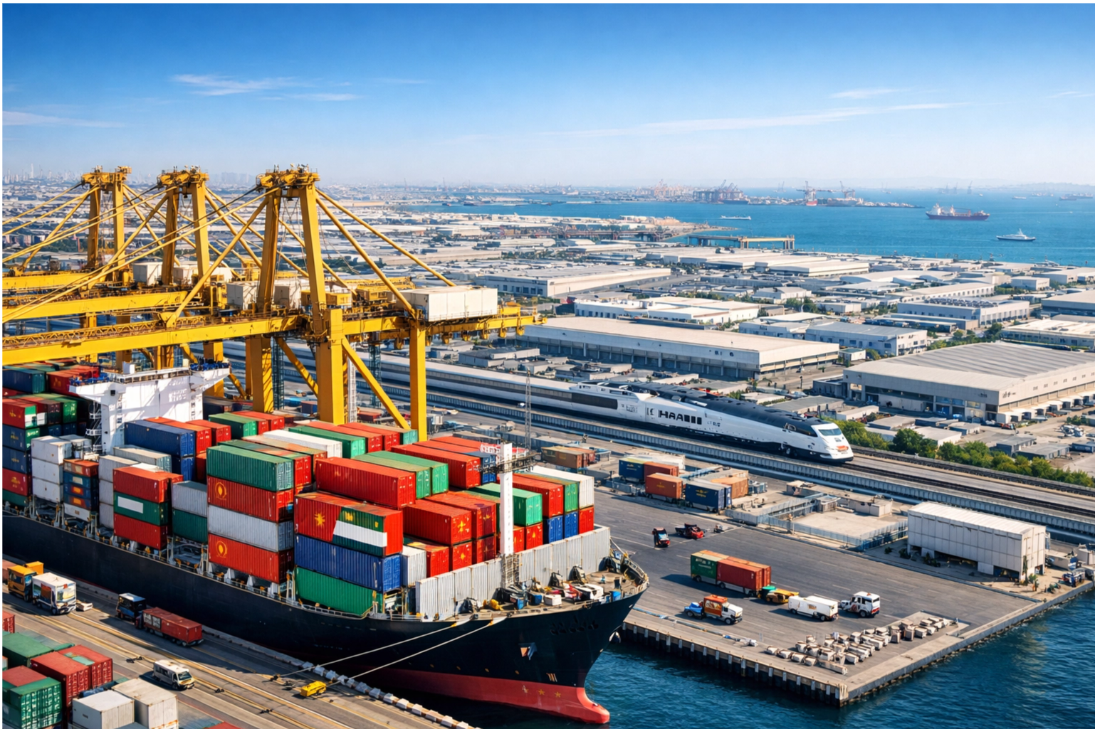 Cargo ship loaded with shipping containers docked at a modern maritime terminal with cranes and warehouses