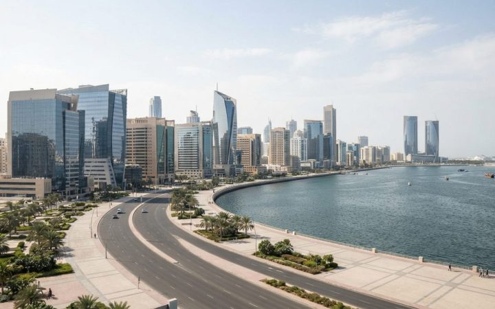 Illustration: A wide-angle editorial photograph of modern high-rise office and residential towers along the Abu Dhabi waterfront under bright daylight