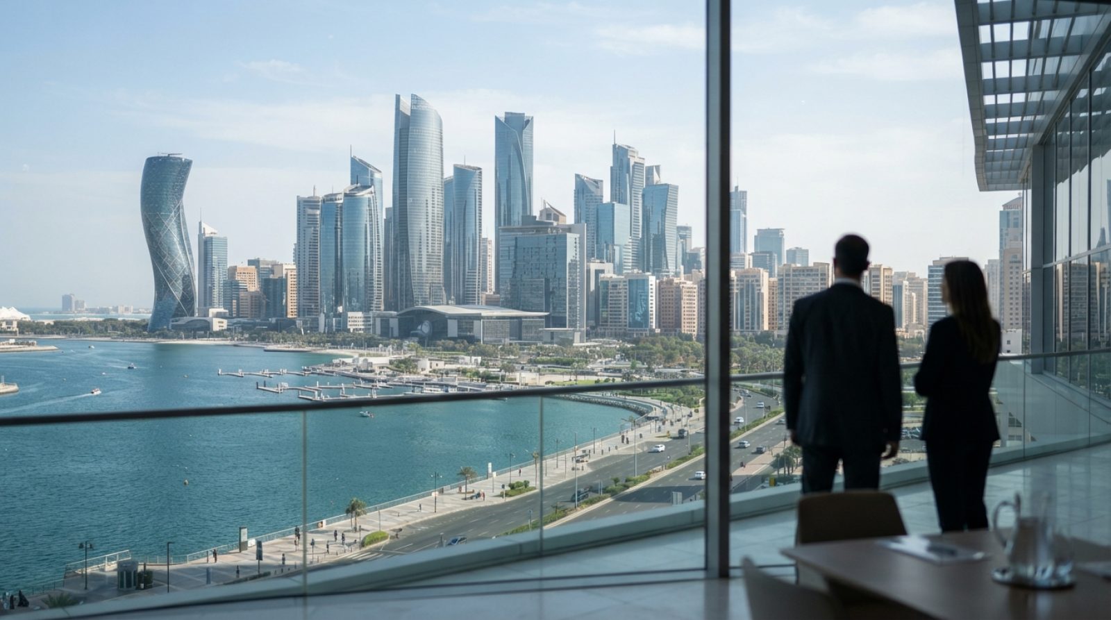 Illustration: A modern financial district skyline with sleek glass commercial skyscrapers along a waterfront in Abu Dhabi during clear daylight, viewe