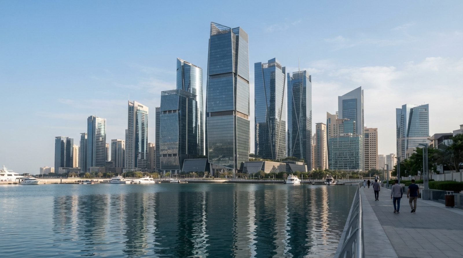 Illustration: Editorial photograph of modern financial district skyscrapers on Al Maryah Island in Abu Dhabi under clear daylight, with sleek glass ar