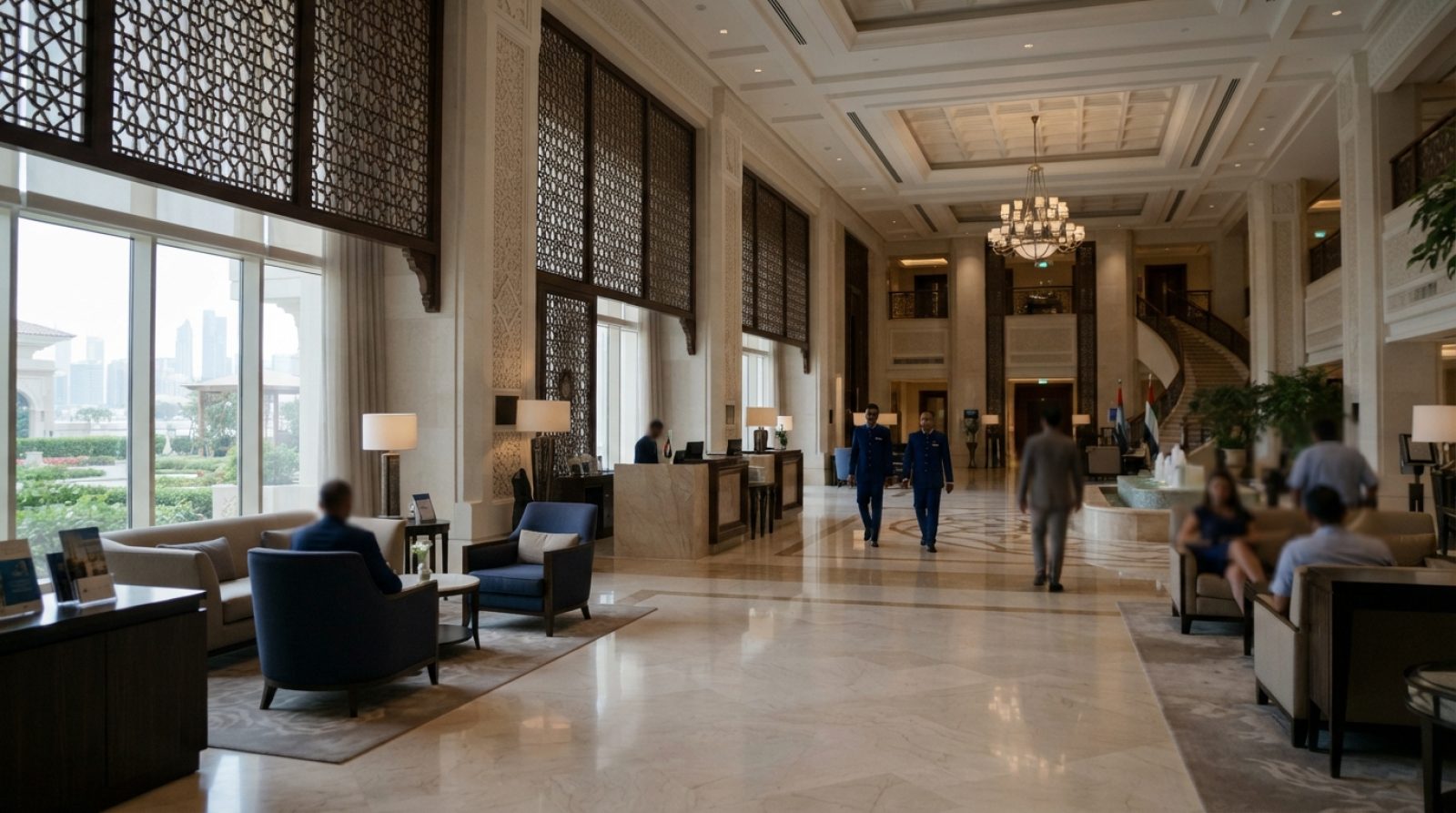 Illustration: An elegant luxury hotel lobby interior in Abu Dhabi featuring modern hospitality design with traditional Arabian architectural elements,