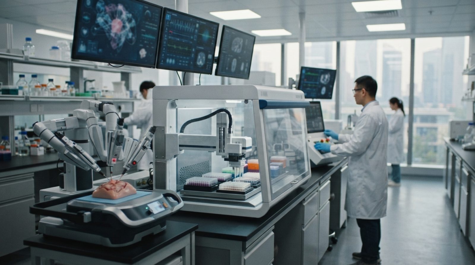 Illustration: A modern, sterile biotechnology research laboratory interior with robotic surgical arms, advanced medical diagnostic equipment, and comp