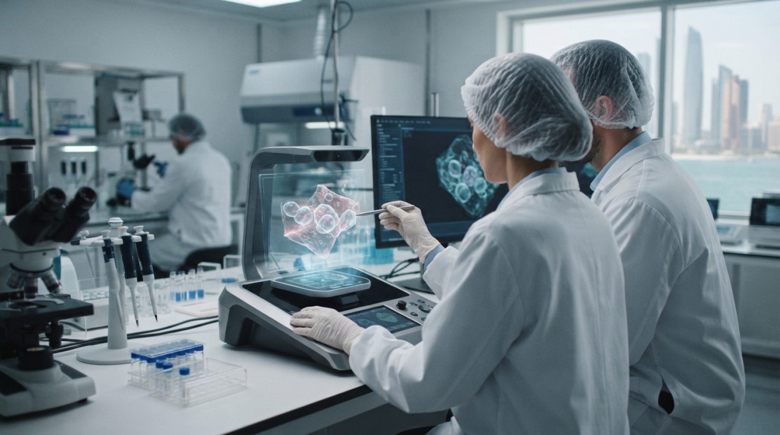 Illustration: A modern high-tech biomedical research laboratory with scientists in cleanroom lab coats analyzing data on digital holographic screens,