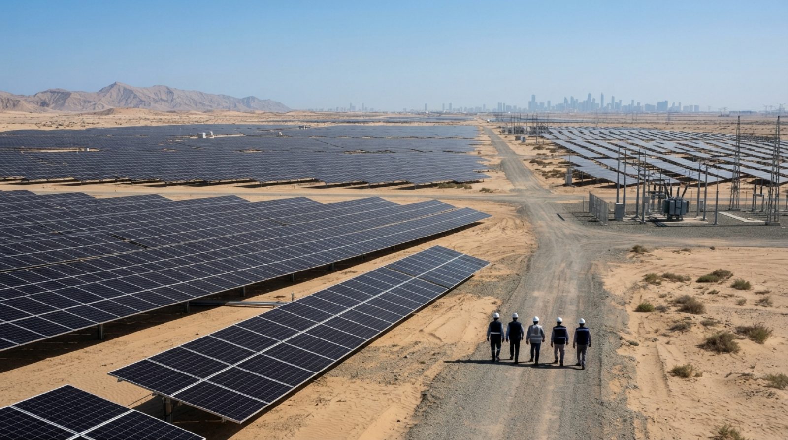 Illustration: Expansive utility-scale solar power installation with rows of photovoltaic panels arranged across desert terrain under direct sunlight,