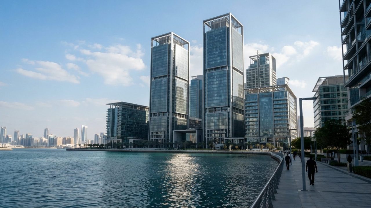 Illustration: A modern glass-and-steel financial skyscraper complex on Al Maryah Island in Abu Dhabi during clear daylight, reflecting sunlight on the