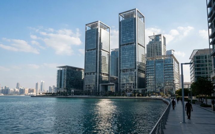 Illustration: A modern glass-and-steel financial skyscraper complex on Al Maryah Island in Abu Dhabi during clear daylight, reflecting sunlight on the