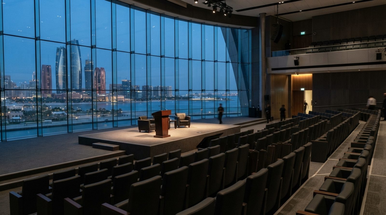 Illustration: A modern financial district conference center in Abu Dhabi with floor-to-ceiling glass windows overlooking the skyline and water, interi