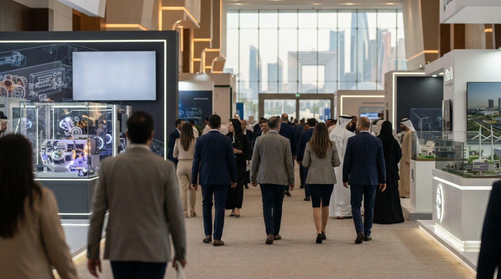 Illustration: Editorial photograph of a spacious, modern convention center exhibition floor with industrial technology displays, business delegates wa