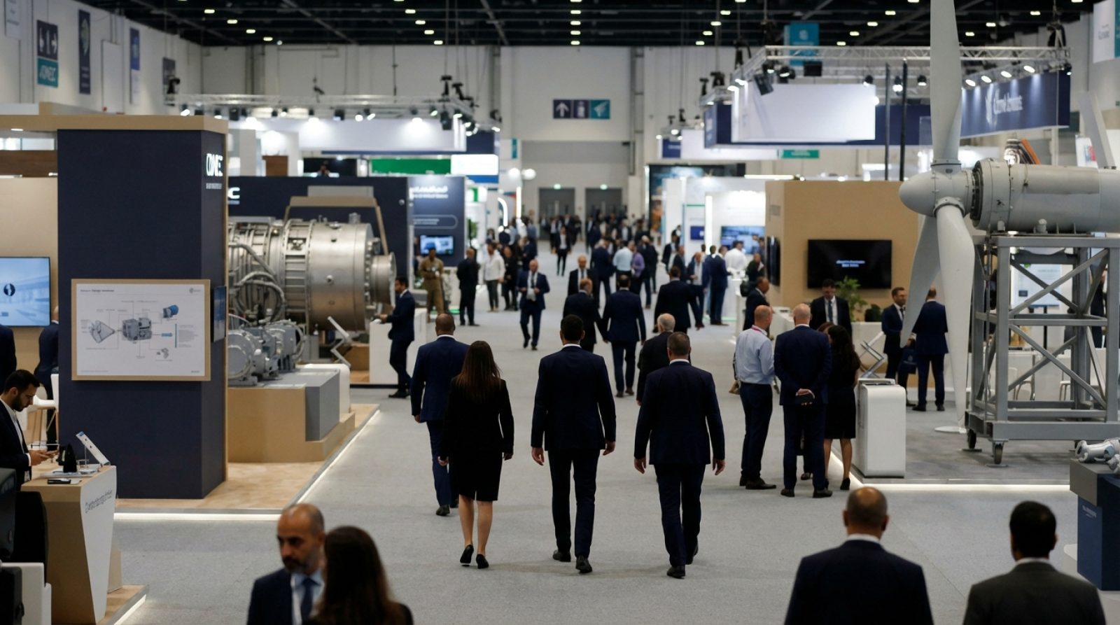 Illustration: A modern, bustling industrial energy exhibition hall in Abu Dhabi with diverse corporate booths, large industrial equipment displays, cl