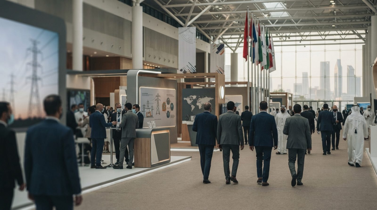 Illustration: A modern exhibition convention hall with sleek display booths, ambient architectural lighting, and business professionals walking throug