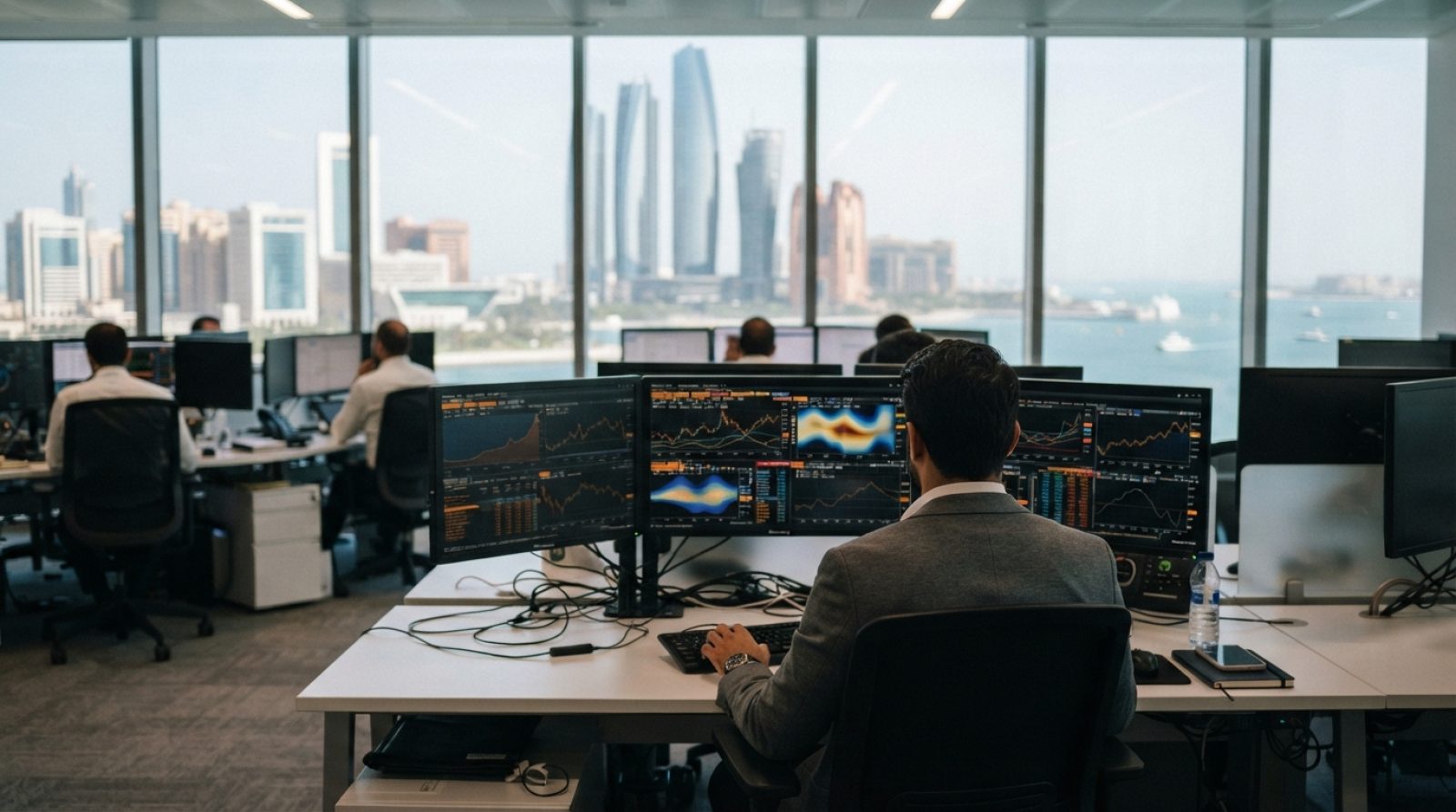 Illustration: Modern financial trading room terminal screen showing abstract data visualization and charts in an Abu Dhabi financial district office,