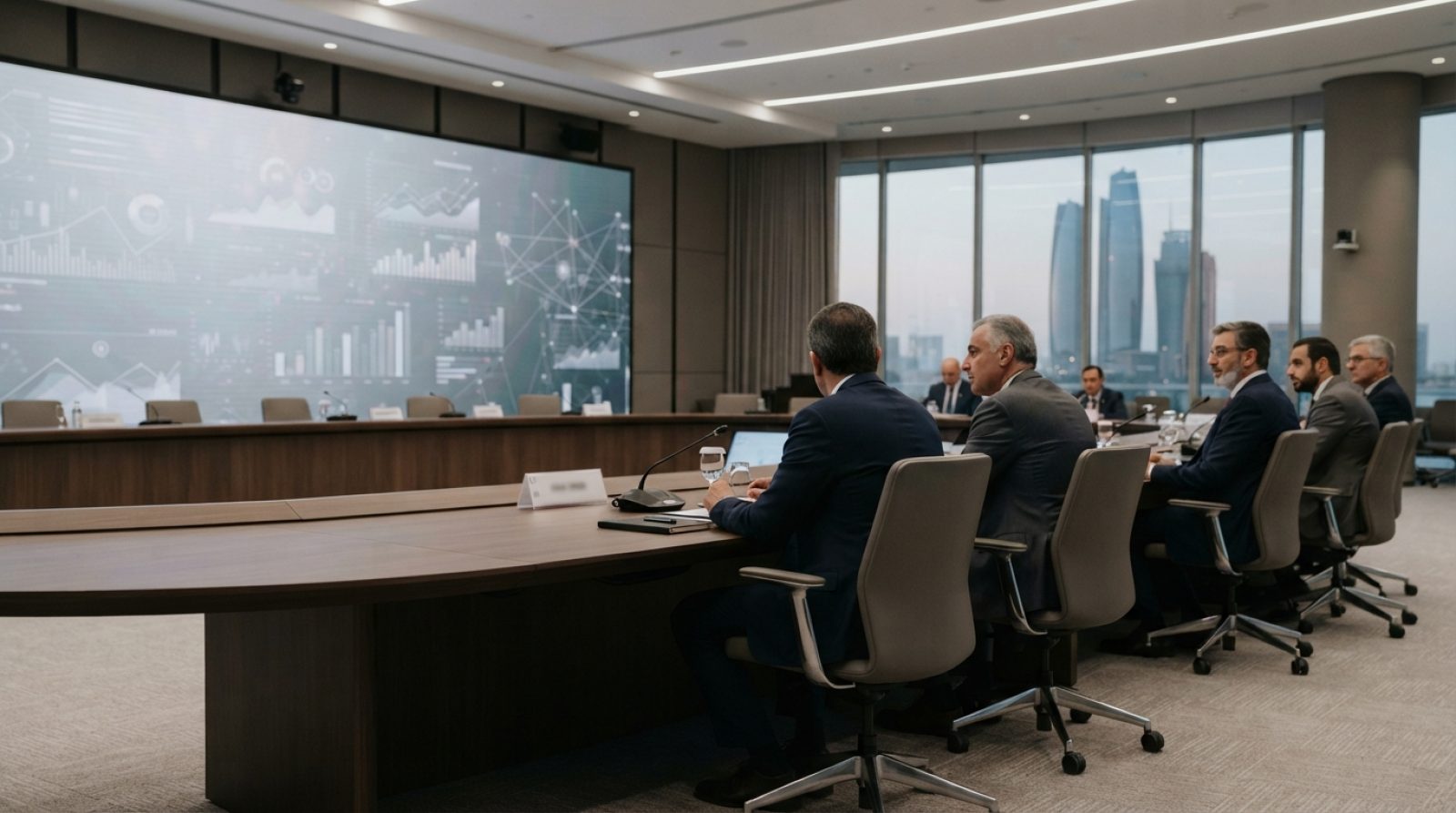 Illustration: A modern financial conference hall in Abu Dhabi with high-level delegates seated along a minimalist curved executive table, featuring su