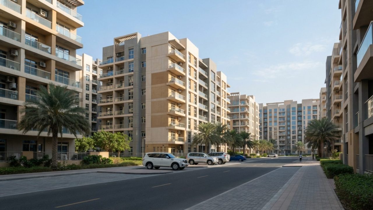 Illustration: A realistic editorial photograph of modern mid-rise residential apartment blocks and paved streets in an urban neighbourhood in the Unit
