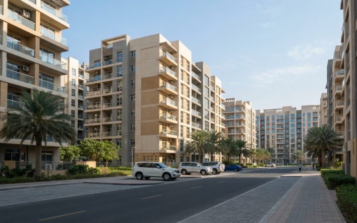 Illustration: A realistic editorial photograph of modern mid-rise residential apartment blocks and paved streets in an urban neighbourhood in the Unit