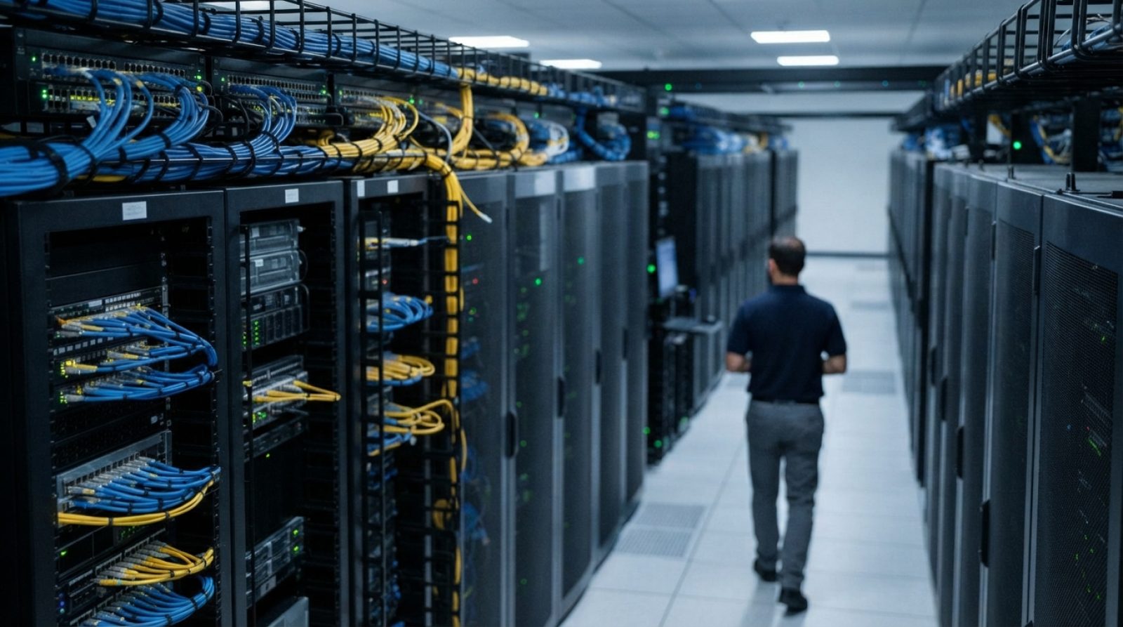 Illustration: A modern server room in an enterprise data center with rows of illuminated computer server racks and networking cables with subtle blue