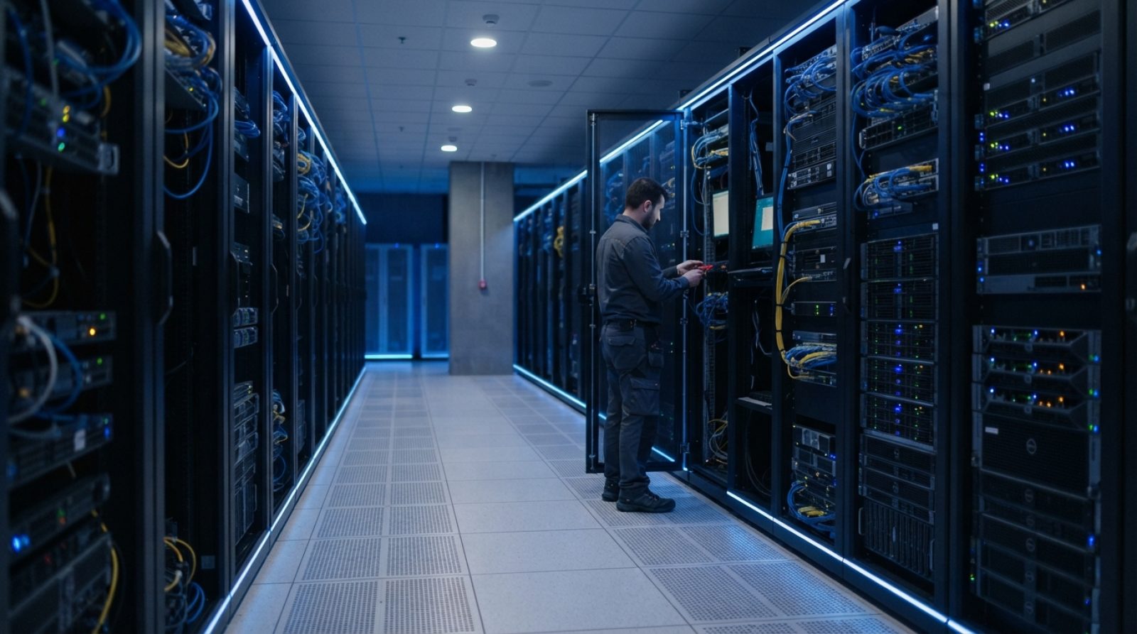 Illustration: A modern, high-tech server room interior with blue LED illumination along rows of server racks, clean futuristic design representing clo