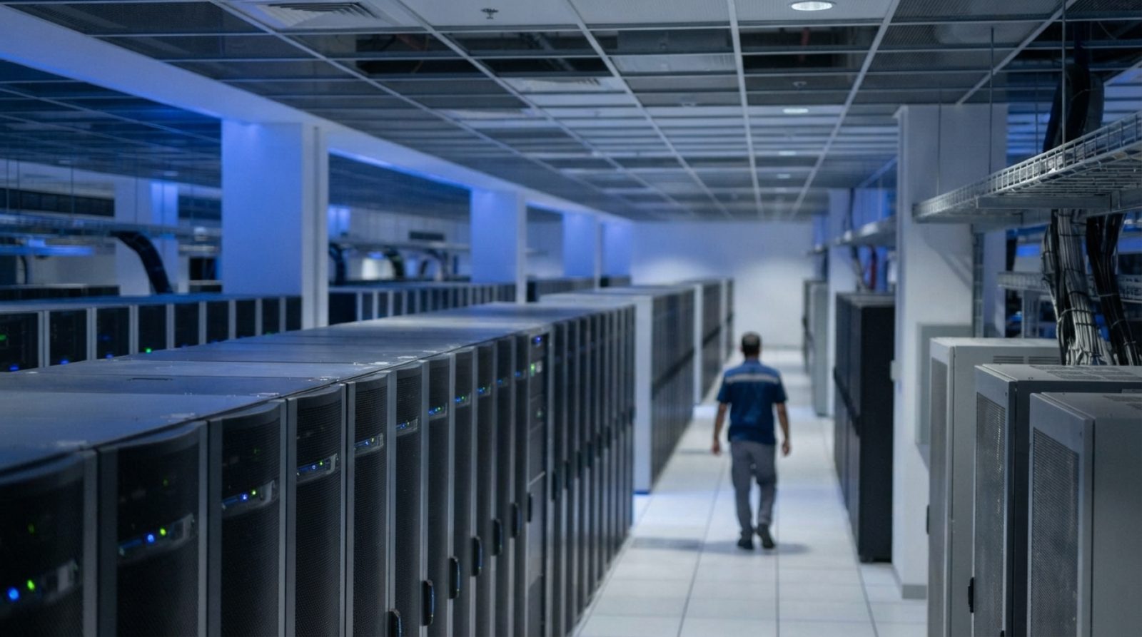 Illustration: A modern enterprise data centre interior with rows of illuminated server racks and cooling infrastructure, featuring ambient blue archit