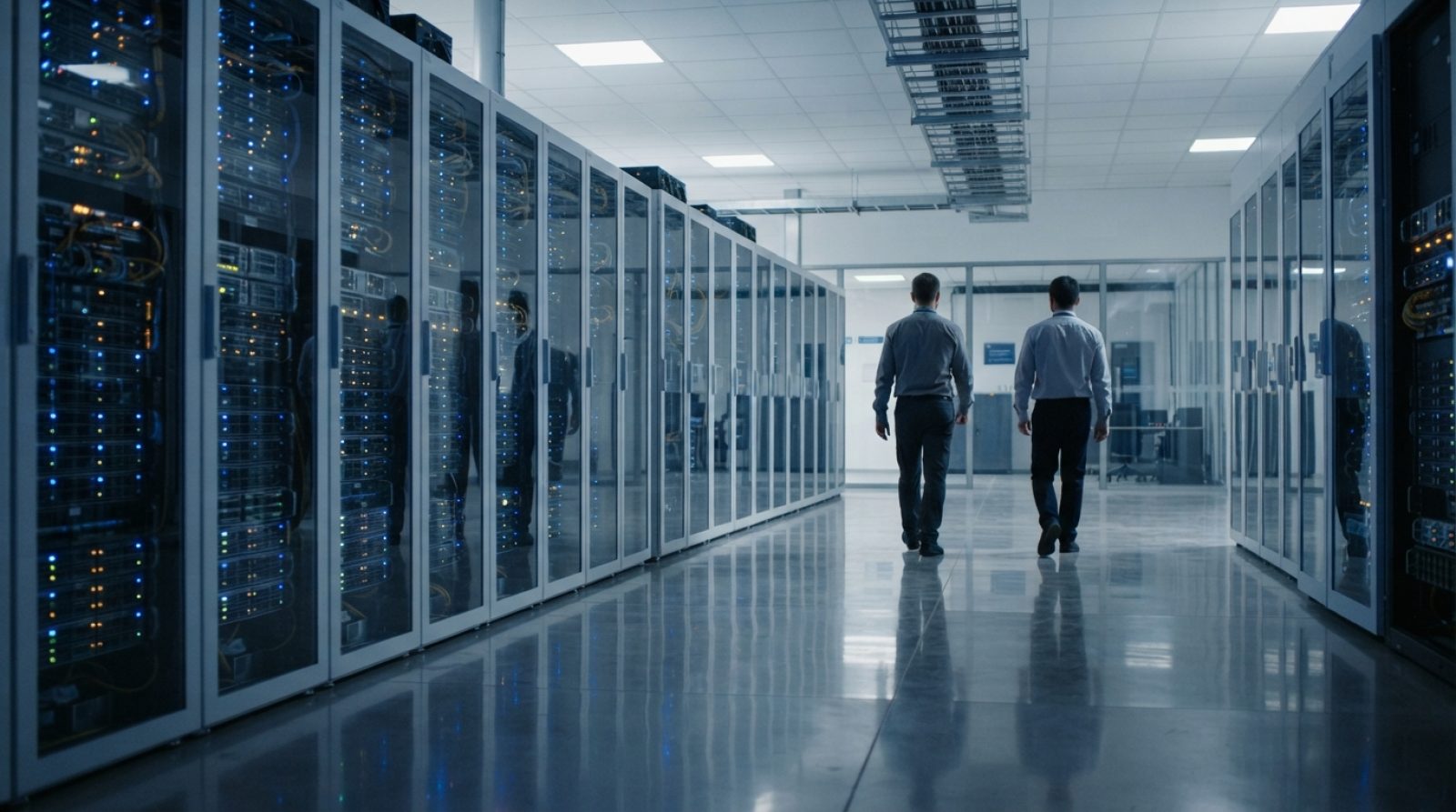 Illustration: Interior of a modern enterprise cloud data centre with long corridors of glowing blue LED server racks and polished reflective flooring,