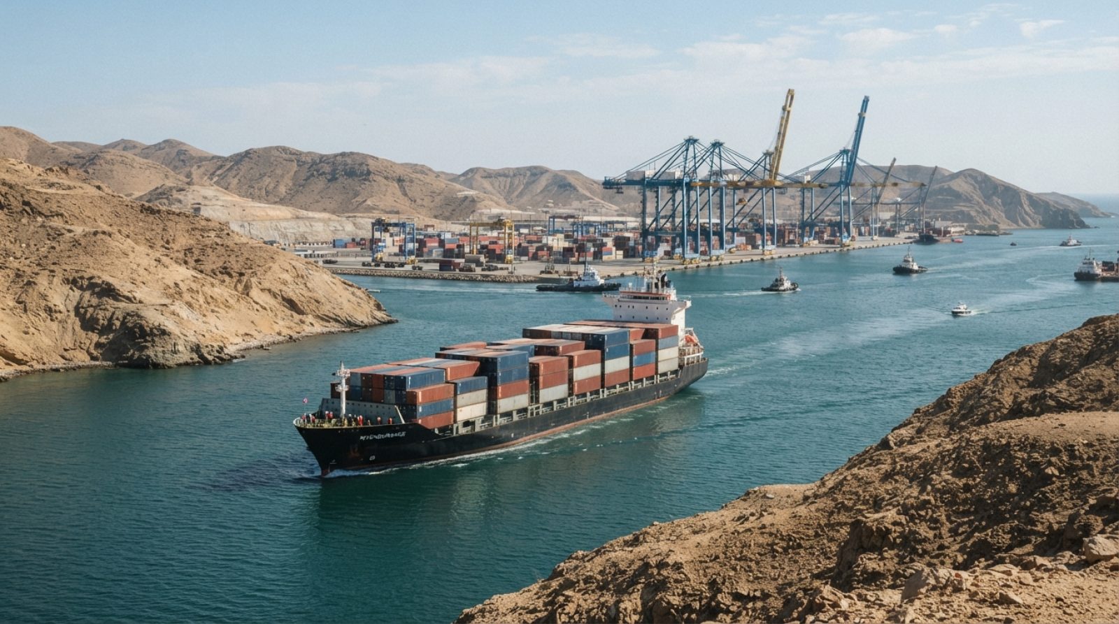 Illustration: A modern container cargo ship navigating through a narrow sunlit shipping strait near arid coastal hills, with large industrial containe