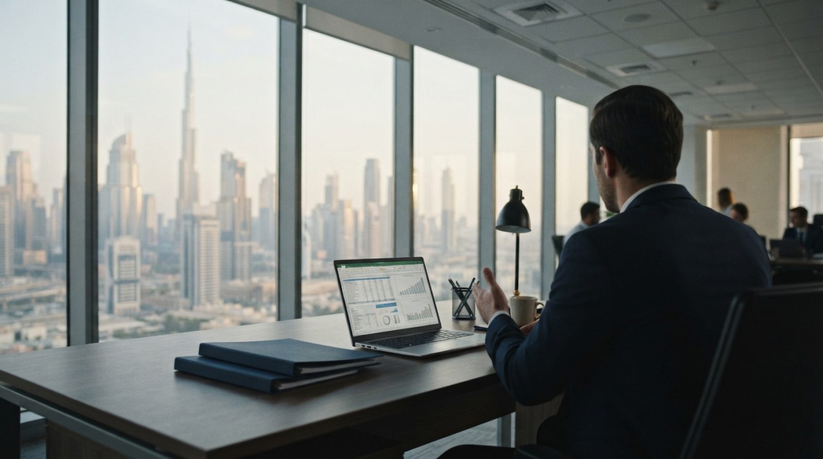 Illustration: A modern corporate office desk in Dubai with a laptop displaying clean data spreadsheets and financial charts, alongside legal document