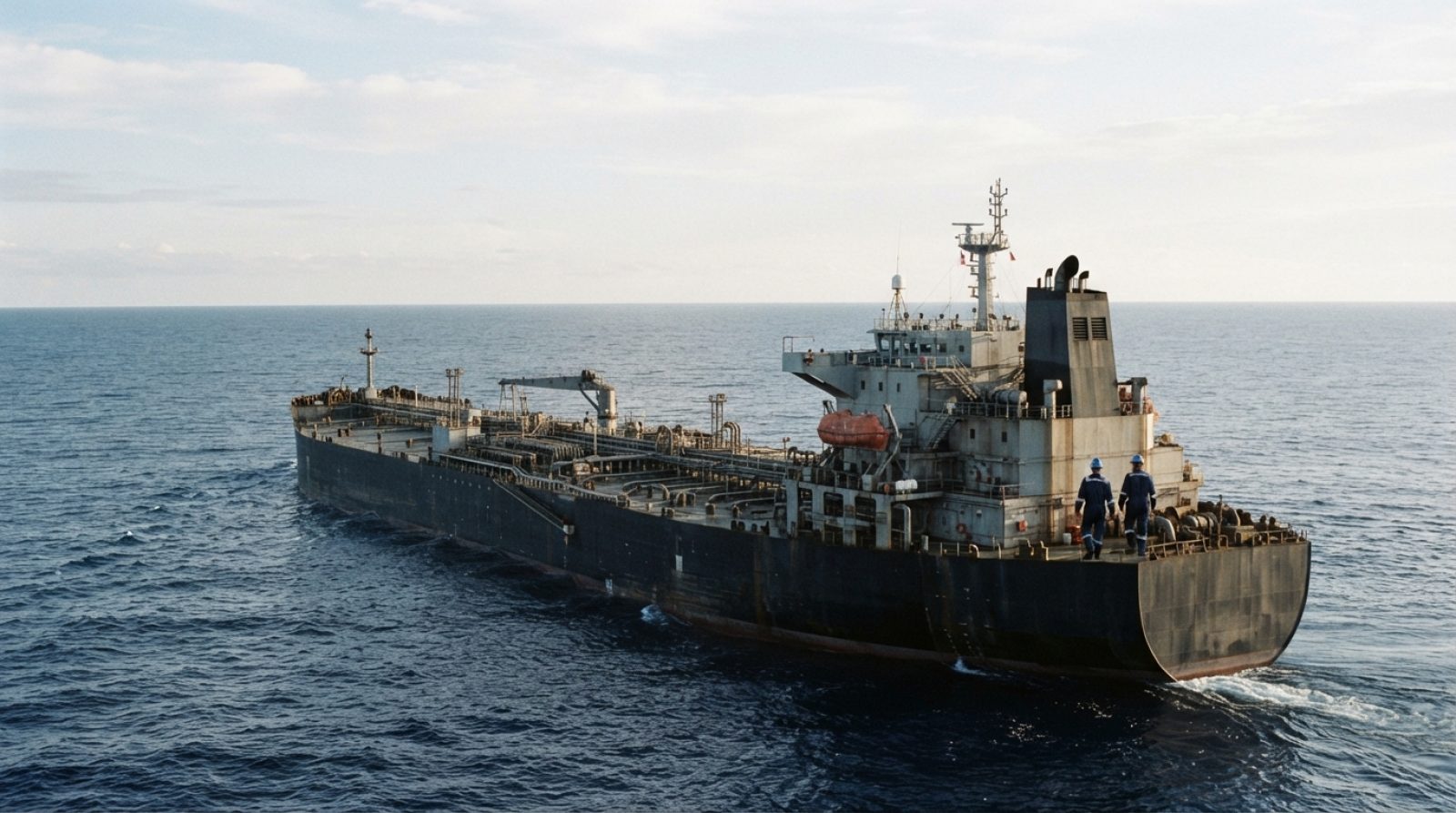 Illustration: A large crude oil tanker vessel navigating calm open ocean waters during late afternoon, with maritime industrial equipment visible on t