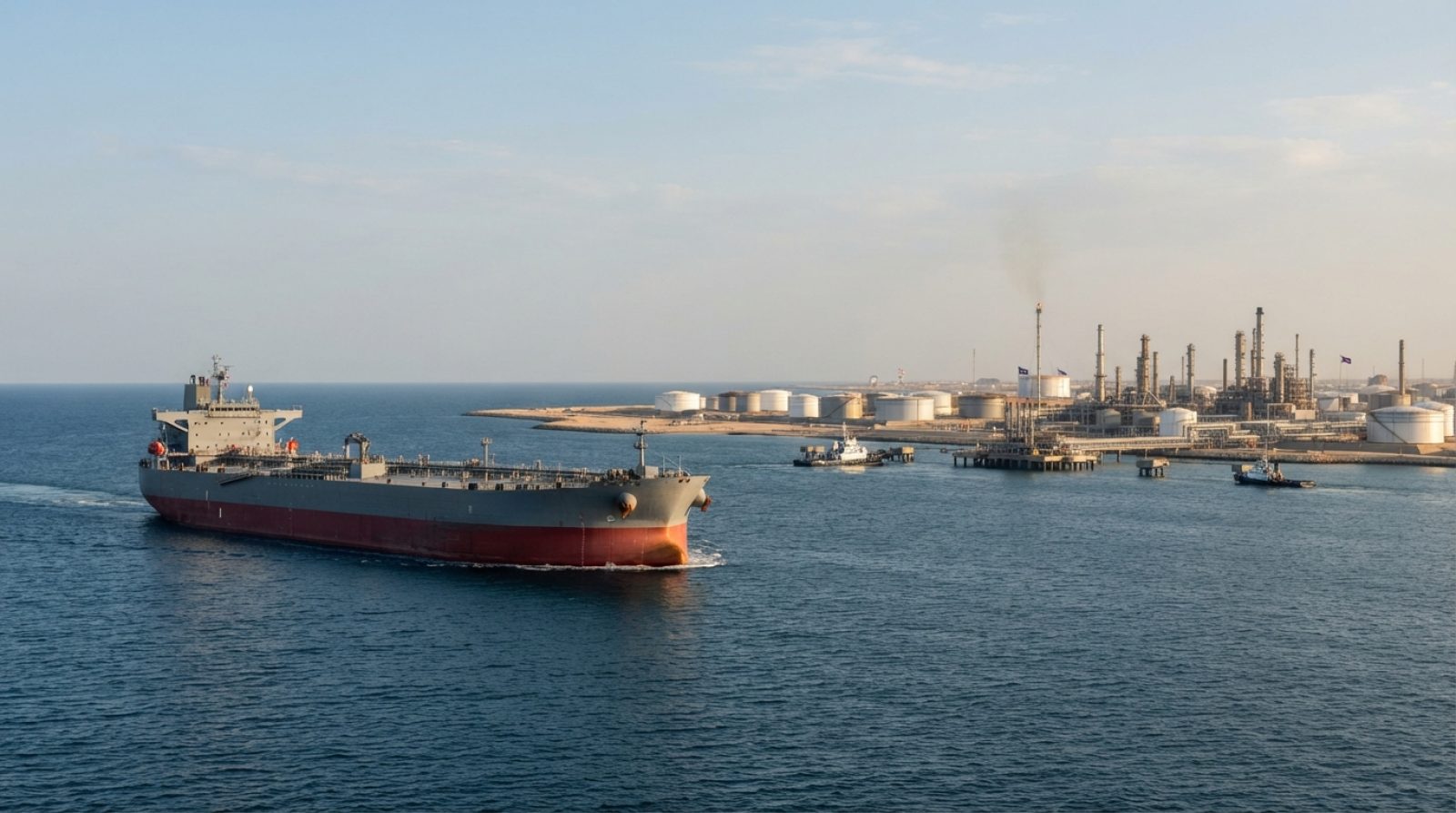 Illustration: A large crude oil tanker navigating open ocean waters towards a distant coastal oil refinery terminal with industrial storage tanks, bat
