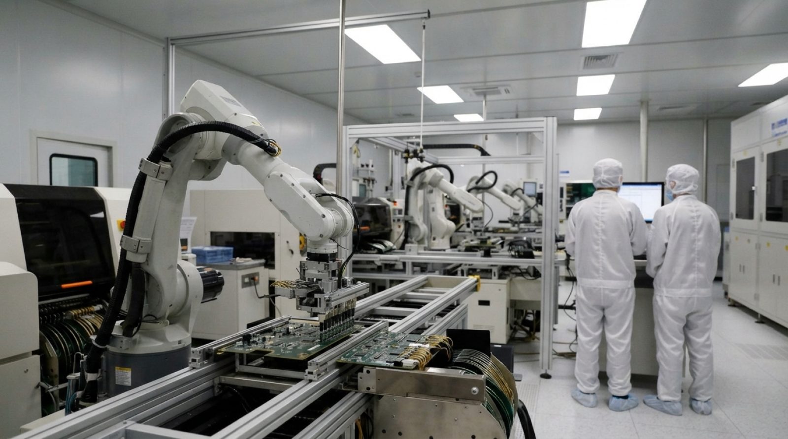 Illustration: Automated robotic arms working with precision inside a modern high-technology electronics and machinery cleanroom factory, illuminated b