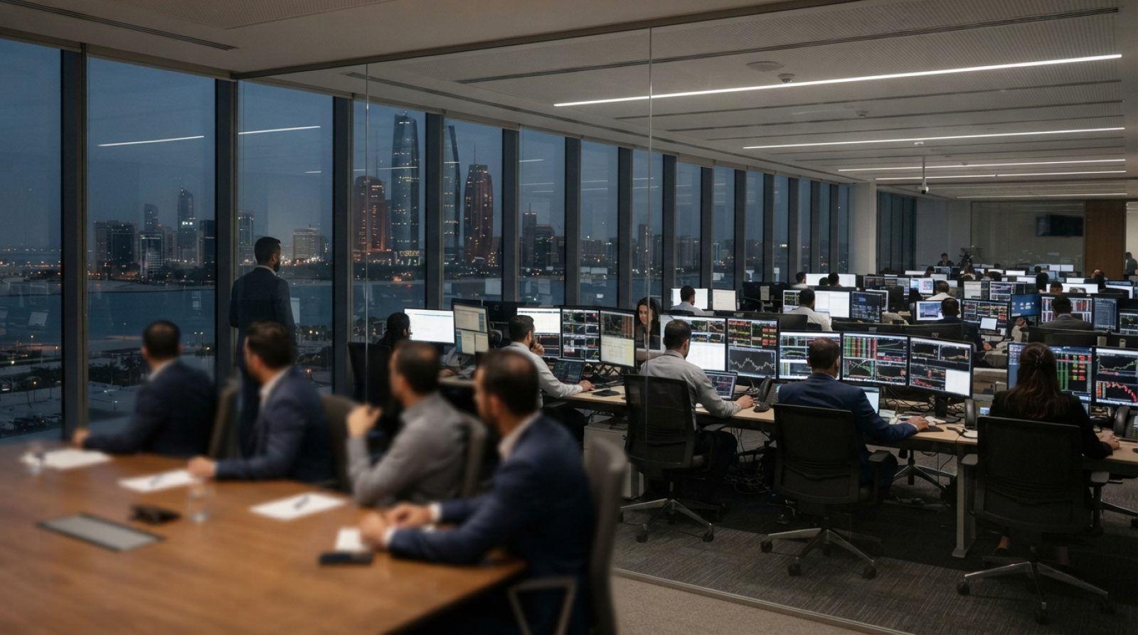 Illustration: Editorial photograph of a modern central bank trading floor and financial district boardroom with digital screens showing currency excha