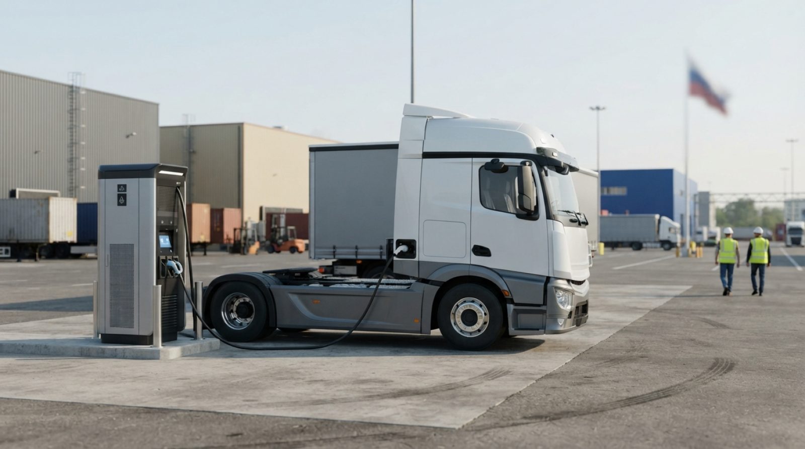 Illustration: A modern heavy-duty electric commercial transport truck connected to a sleek high-power megawatt charging station at an industrial logis