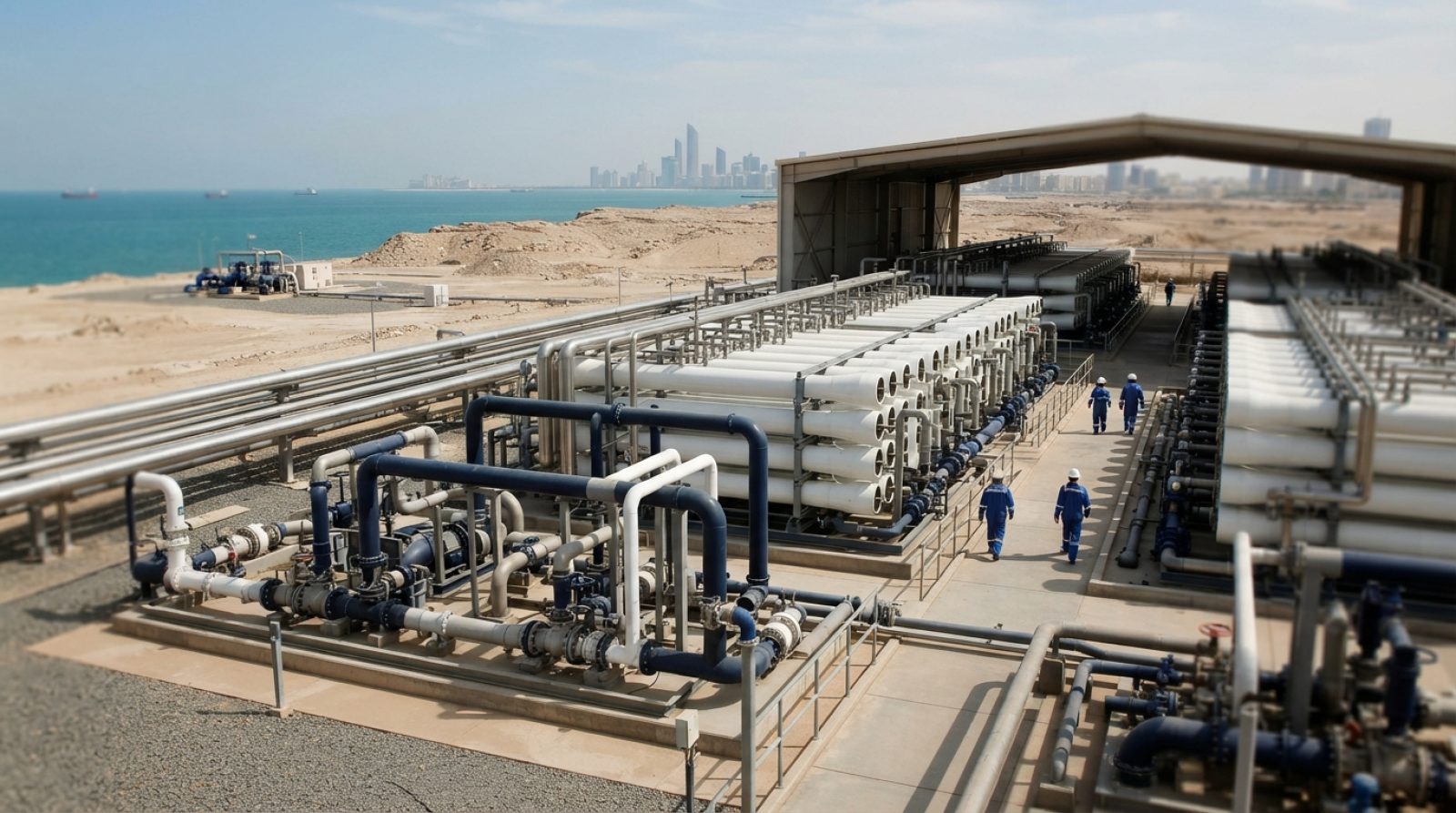 Illustration: An industrial modern seawater desalination plant facility near an arid coastline with high-pressure pipelines, filtration infrastructure
