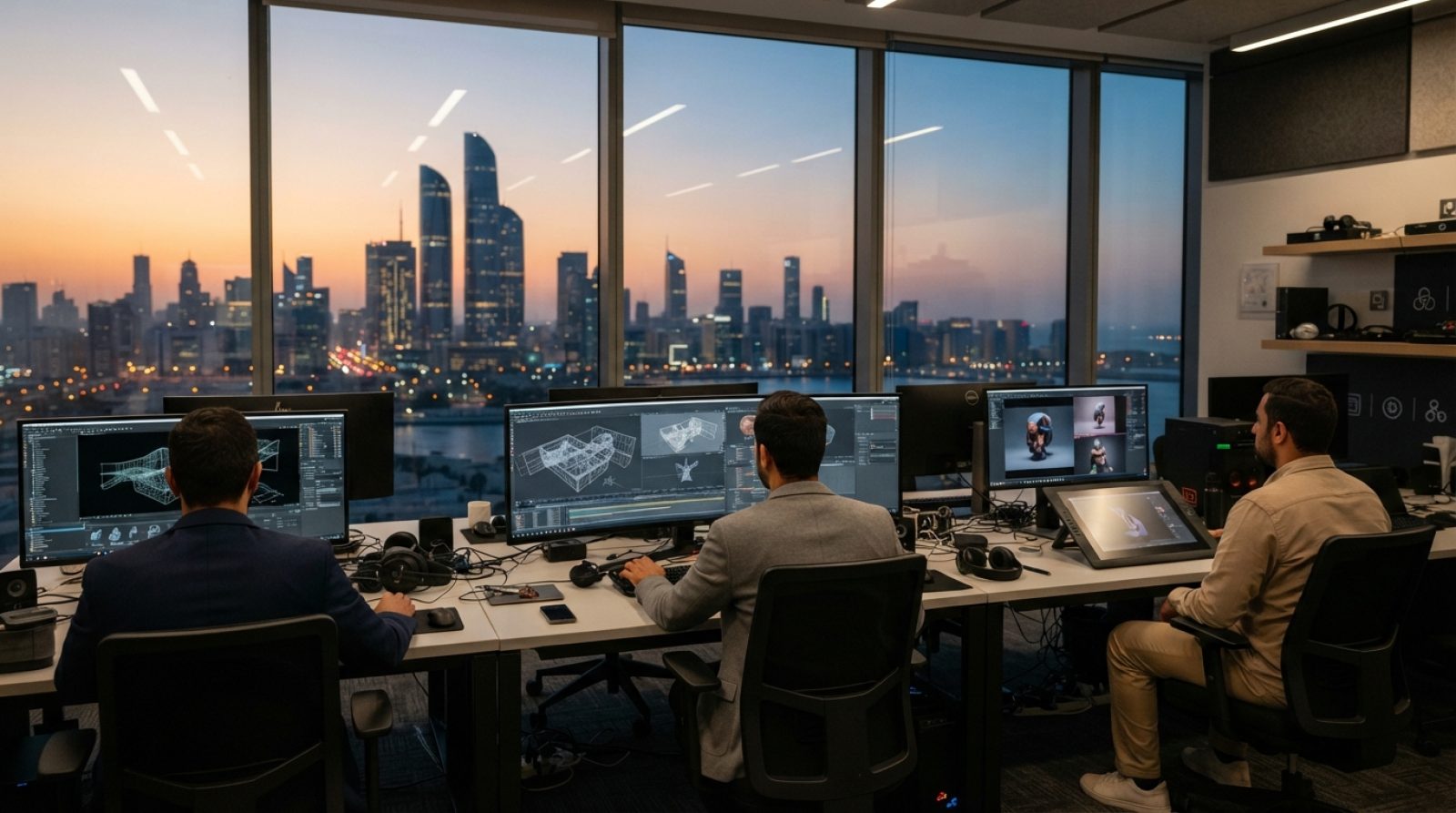 Illustration: A modern creative tech design studio and digital media lab with advanced workstation screens displaying 3D animation and digital art ren