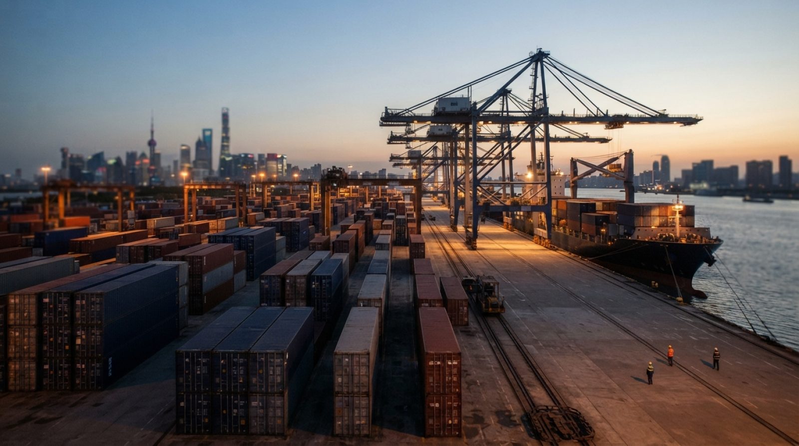 Illustration: A modern commercial container terminal at dusk with rows of shipping containers, gantry cranes, and cargo vessels docked at the pier, re