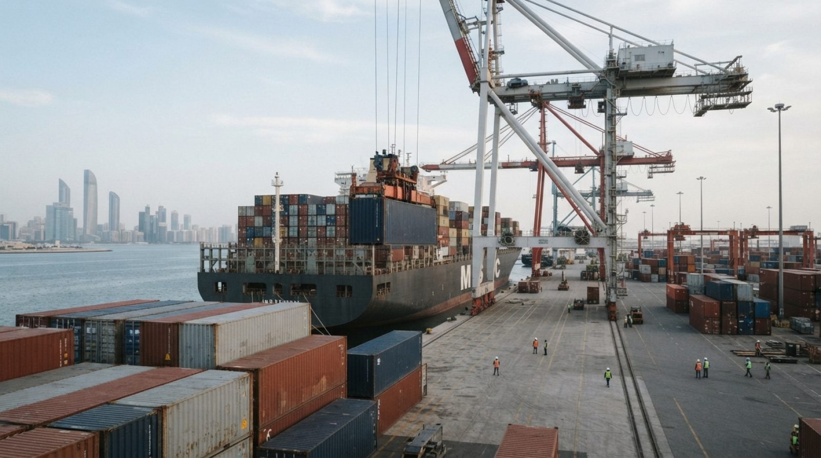 Illustration: Commercial cargo containers being loaded by gantry cranes onto a large container ship at an active deepwater port under daylight.