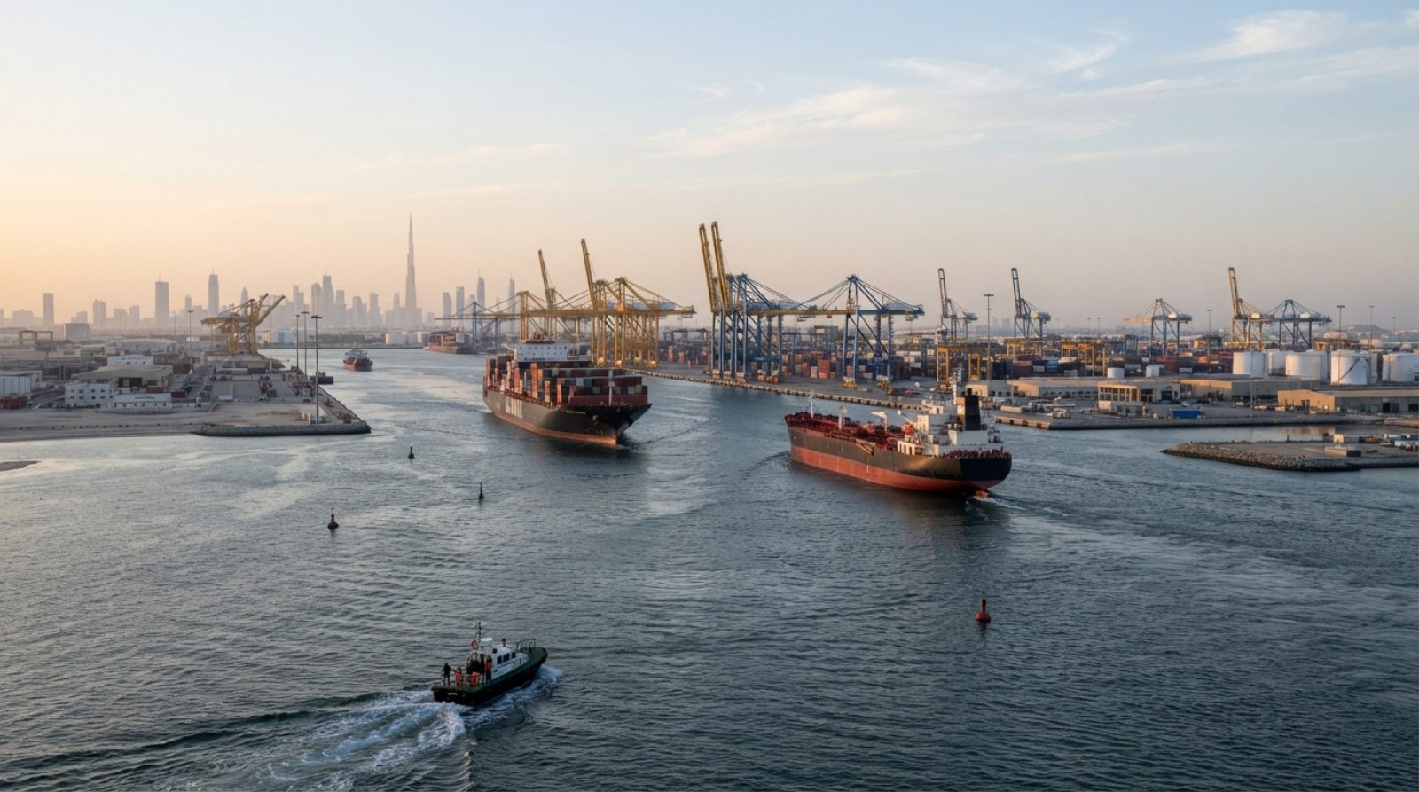 Illustration: Editorial news photograph of commercial container vessels and oil tankers navigating shipping channels near a modern deepwater port term