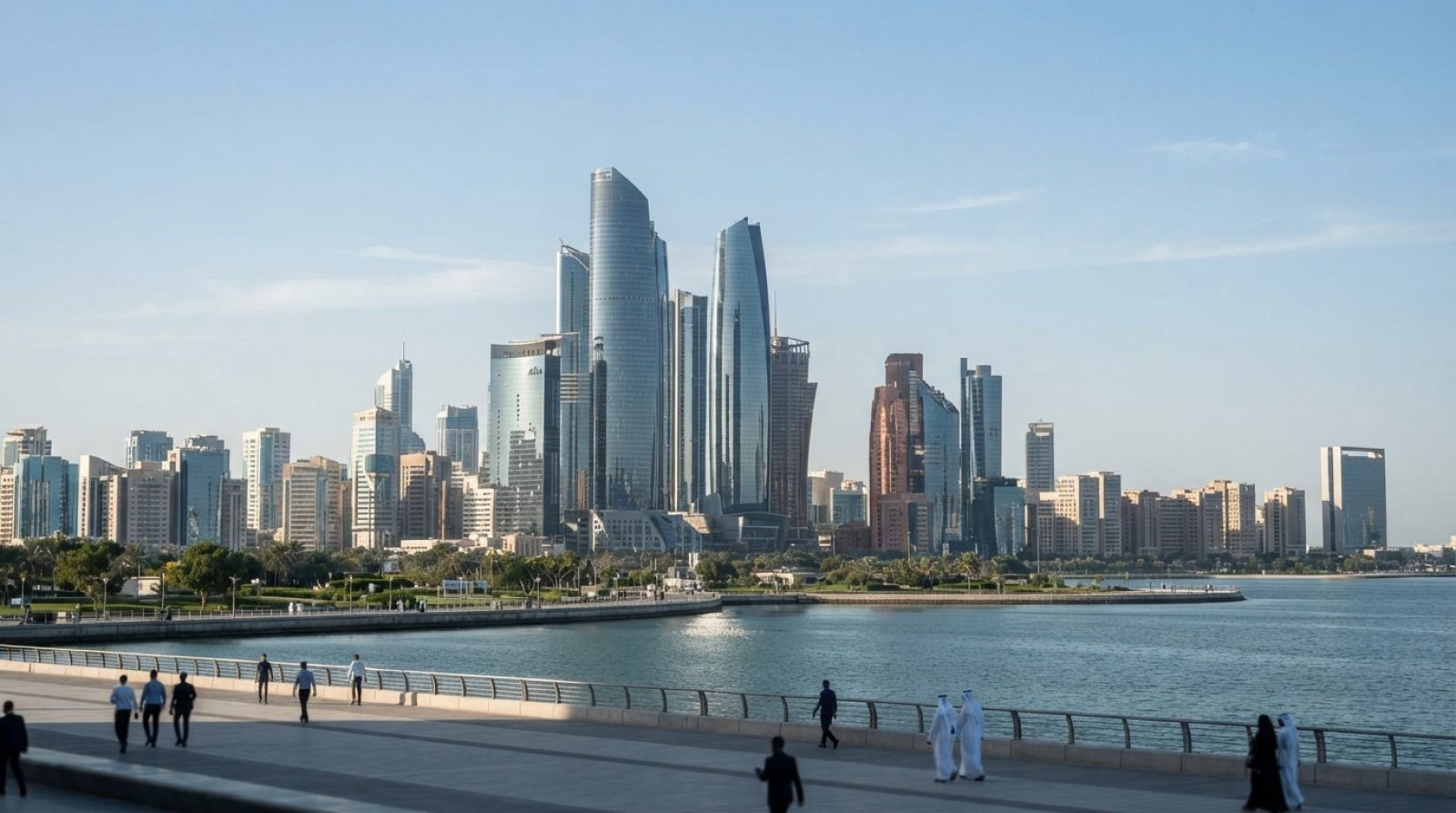 Illustration: A wide editorial view of a modern financial business district skyline with glass office skyscrapers under clear daylight, representing i