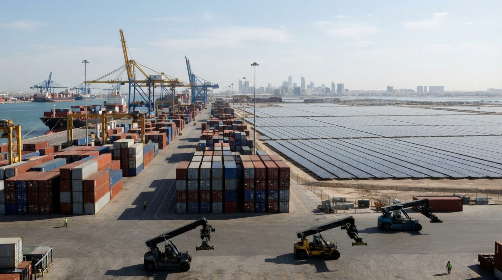 Illustration: Editorial photograph of a modern commercial logistics port and renewable energy installations in the United Arab Emirates under clear da