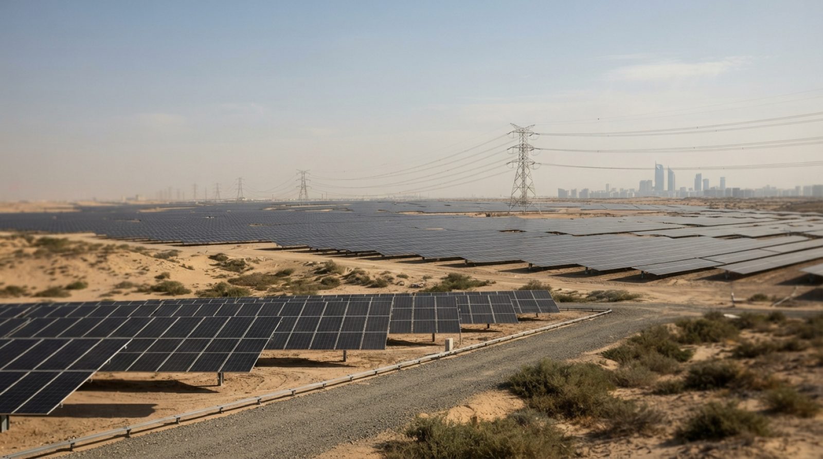 Illustration: Editorial photograph showing modern solar panel arrays across an open arid landscape with high-voltage electricity transmission lines ag