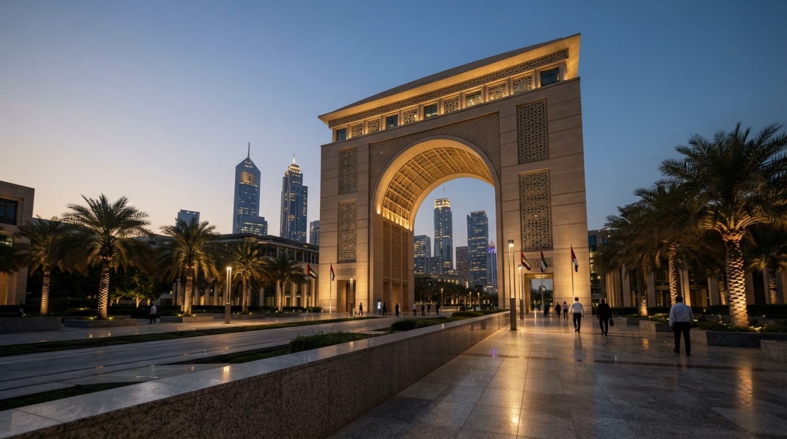 Illustration: A modern architectural view of Dubai International Financial Centre's iconic stone arch building at dusk, with ambient street lighting r