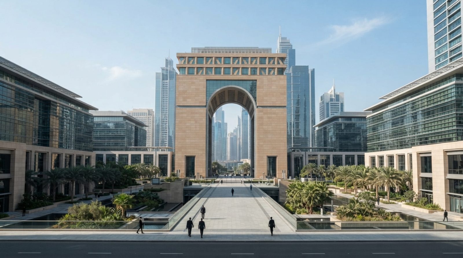 Illustration: Exterior architectural view of modern glass skyscrapers and the Gate Building at Dubai International Financial Centre under a clear blue