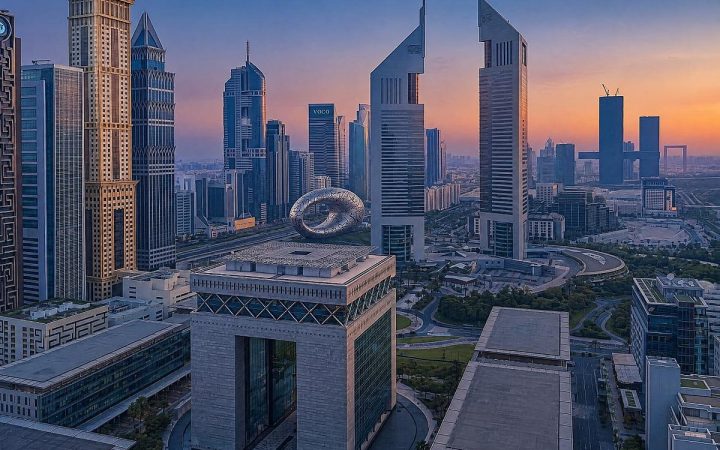 Aerial view of DIFC Gate building, Museum of the Future, and Dubai skyline at sunrise