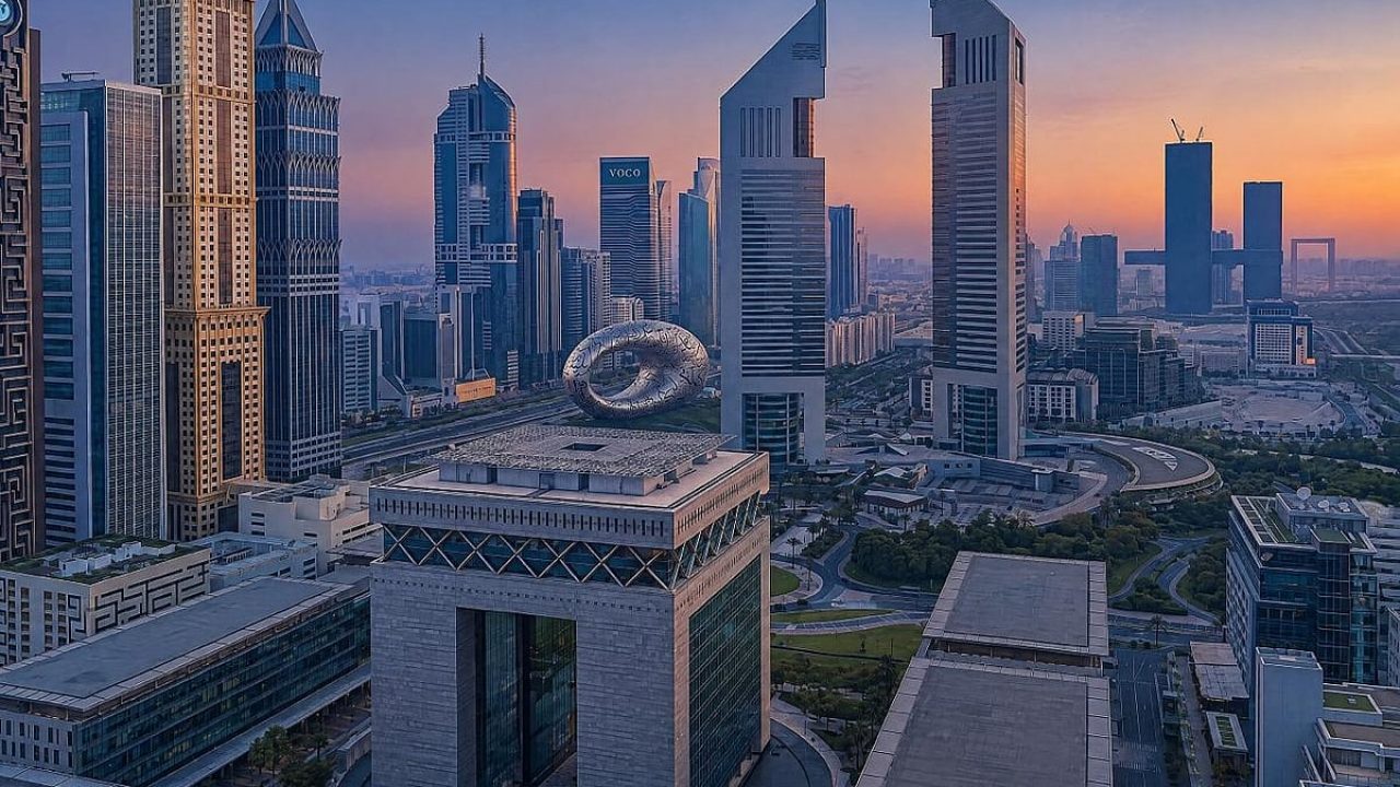 Aerial view of Dubai International Financial Centre with The Gate building and modern skyscrapers at sunset