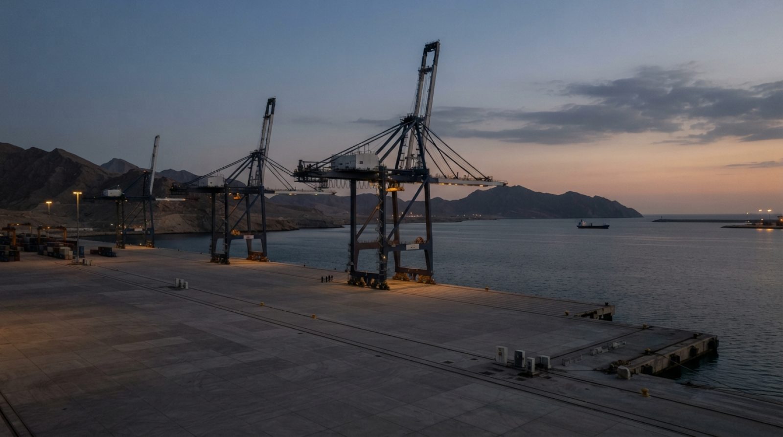 Illustration: A wide editorial shot of a quiet deep-sea container terminal on an arid coastline at dusk, showing three large quay cranes standing over