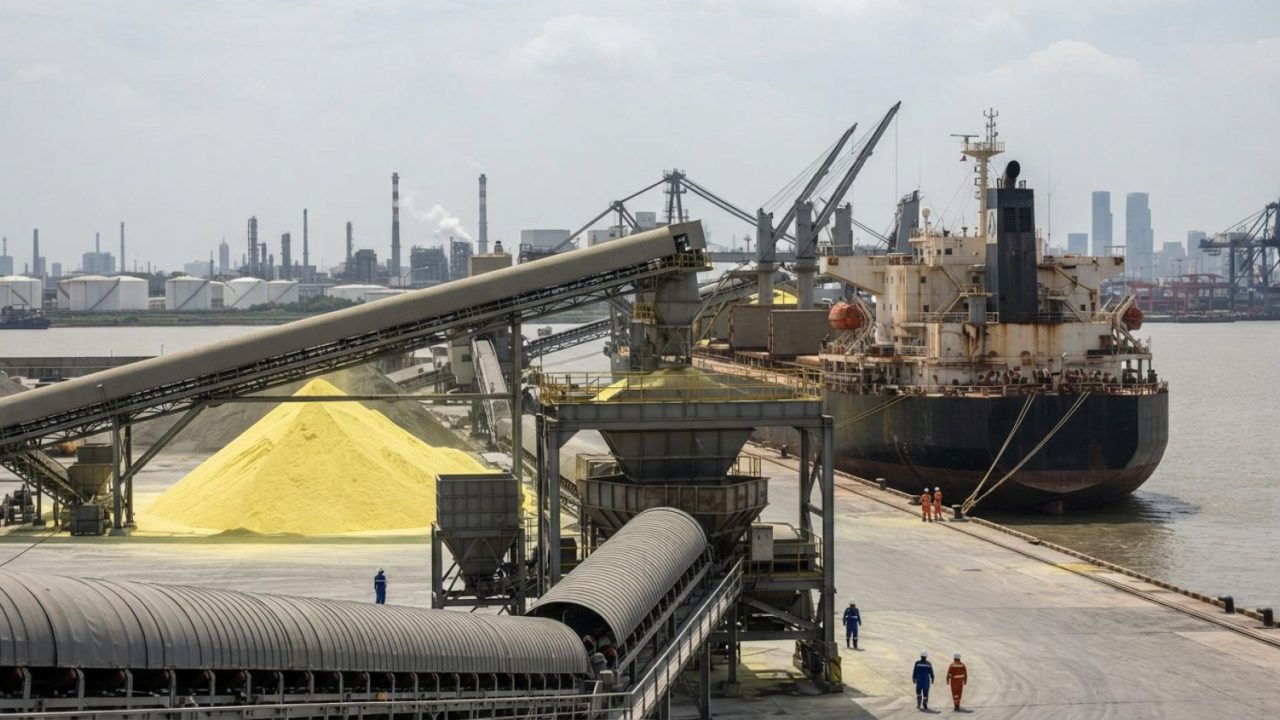 Illustration: A bulk chemical cargo vessel unloading yellow sulphur granules at an industrial deepwater port terminal, showing conveyor belts and stor