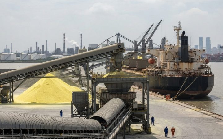 Illustration: A bulk chemical cargo vessel unloading yellow sulphur granules at an industrial deepwater port terminal, showing conveyor belts and stor