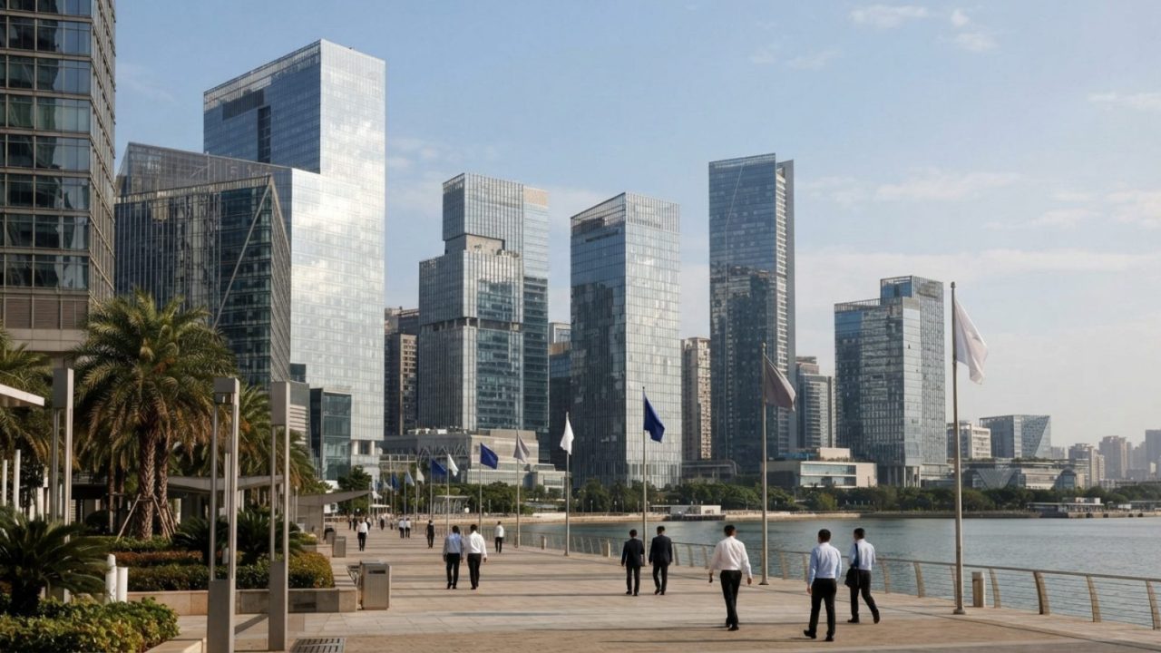 Illustration: A modern cityscape featuring contemporary glass commercial towers and sleek high-rise office architecture under bright daytime sunlight,