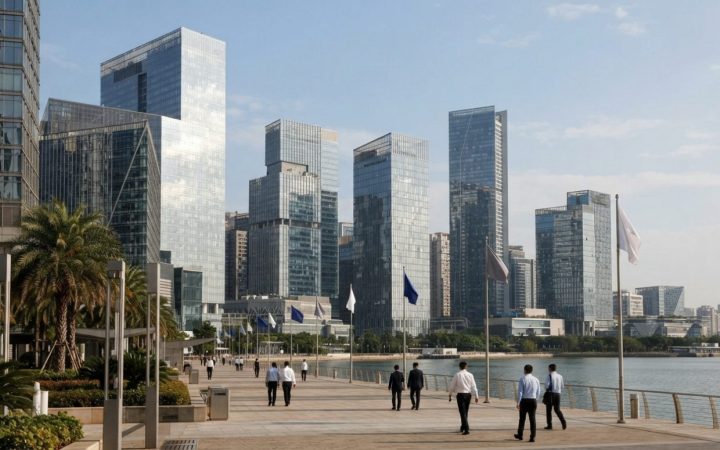 Illustration: A modern cityscape featuring contemporary glass commercial towers and sleek high-rise office architecture under bright daytime sunlight,