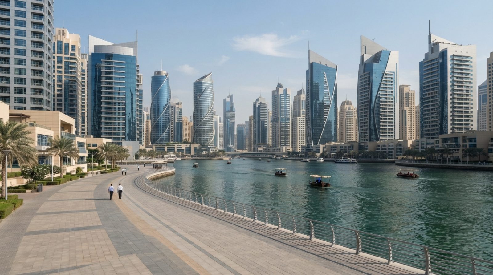 Illustration: Modern office towers and waterfront promenade of Jumeirah Lakes Towers district in Dubai under clear daylight, showing contemporary comm