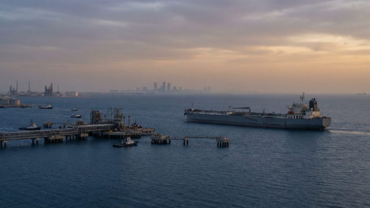 Illustration: A commercial oil tanker sailing across deep blue waters towards an offshore Middle Eastern oil loading terminal at dusk, industrial pipi