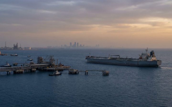 Illustration: A commercial oil tanker sailing across deep blue waters towards an offshore Middle Eastern oil loading terminal at dusk, industrial pipi