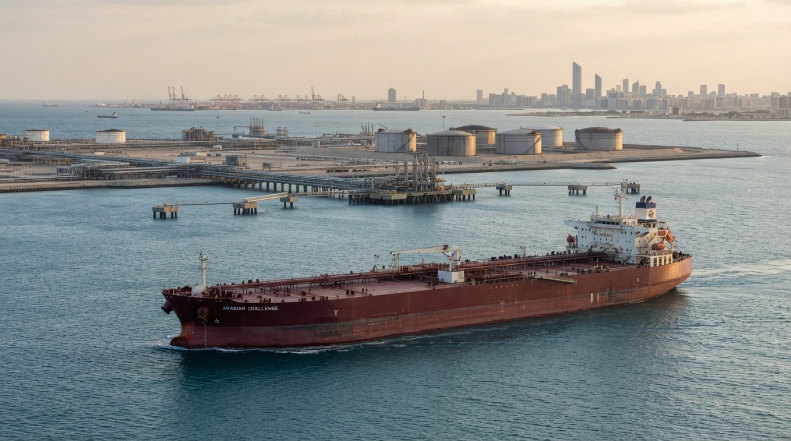 Illustration: A large crude oil tanker navigating through calm open waters near an offshore terminal, with industrial pipeline infrastructure and stor